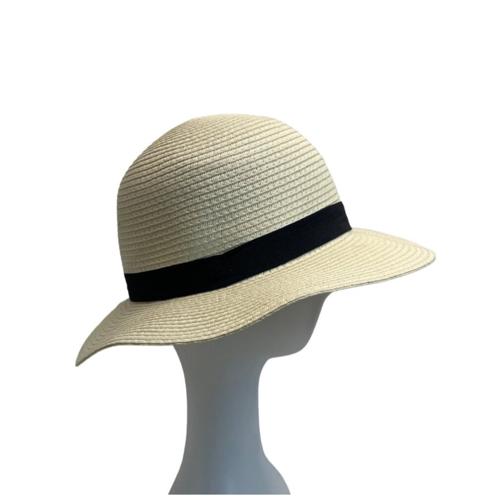 Wallabe Wide Brim Beige Straw Hat With Black Ribbon One Size